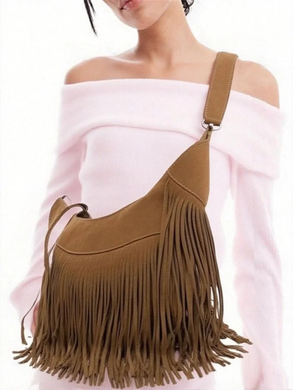 Vintage Suede Fringe Hobo Bag for Women - Hippie Crossbody Purse with Tassels